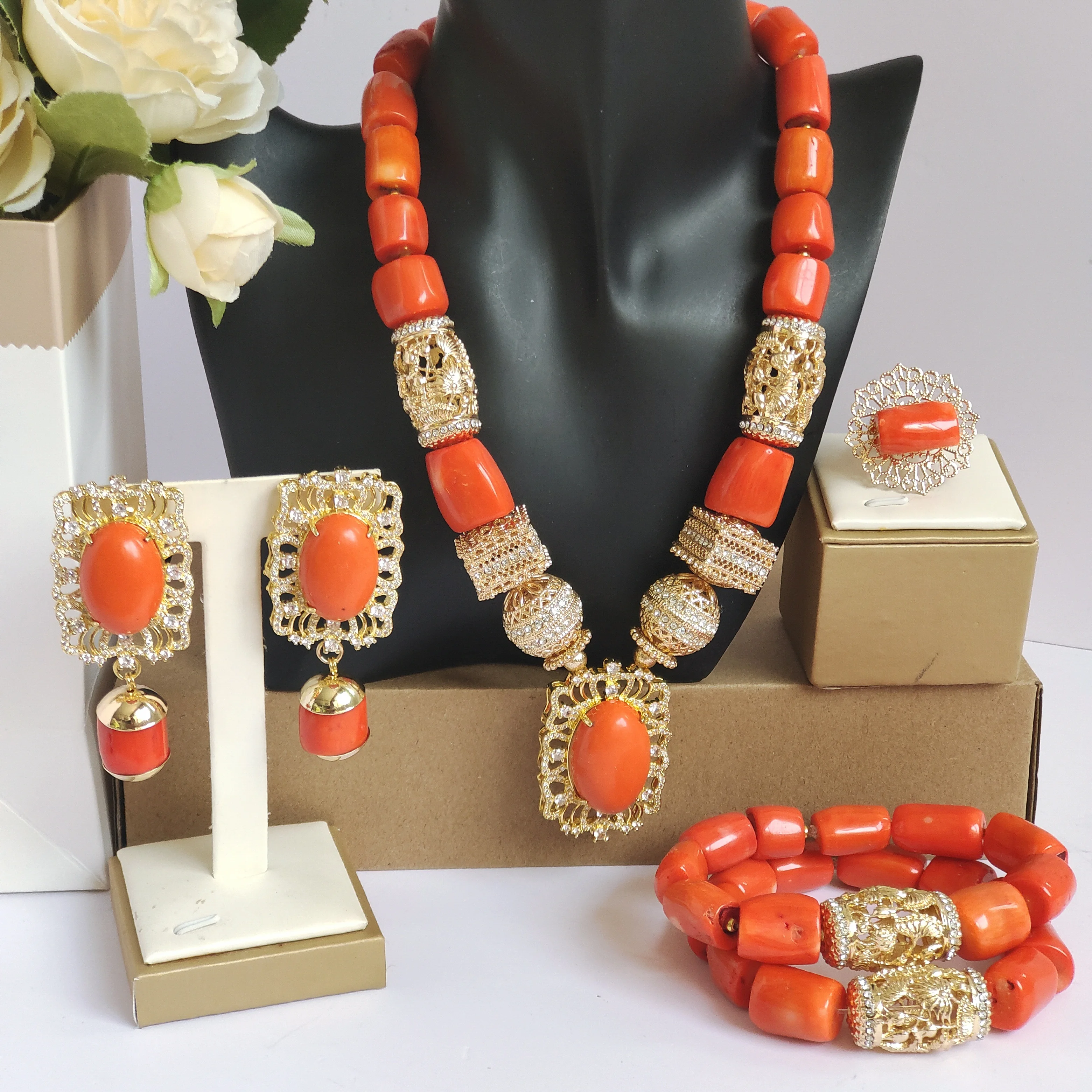 

original orange nigerian beads coral jewelry set for woman