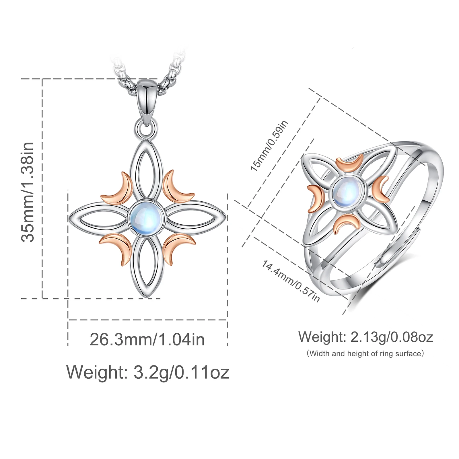 Eudora 925 Sterling Silver nudo de brujas Adjustable Ring & Necklace Moonstone Witches Knot Jewelry Set Wicca Gift for Women