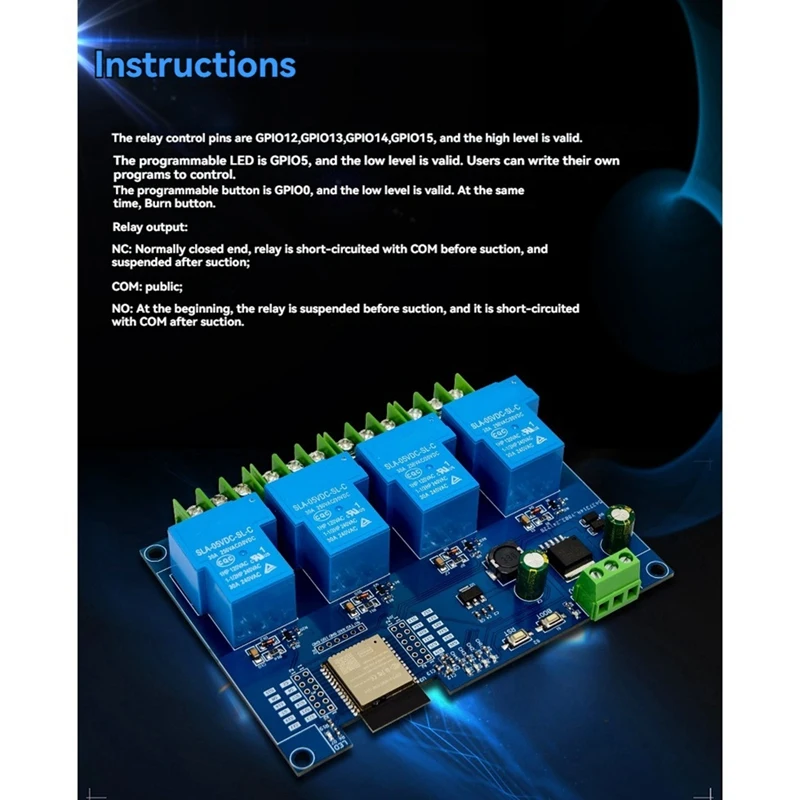 Módulo de relé de 4 canales 30A DC7-28/5V WIFI Bluetooth módulo de relé ESP32-WROOM Placa de desarrollo