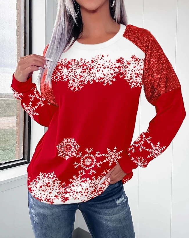 

Hot Selling Autumn and Winter 2023 New Fashion Casual Women's Pullover Christmas Snowflake Print Contrasting Sequins Upper Half