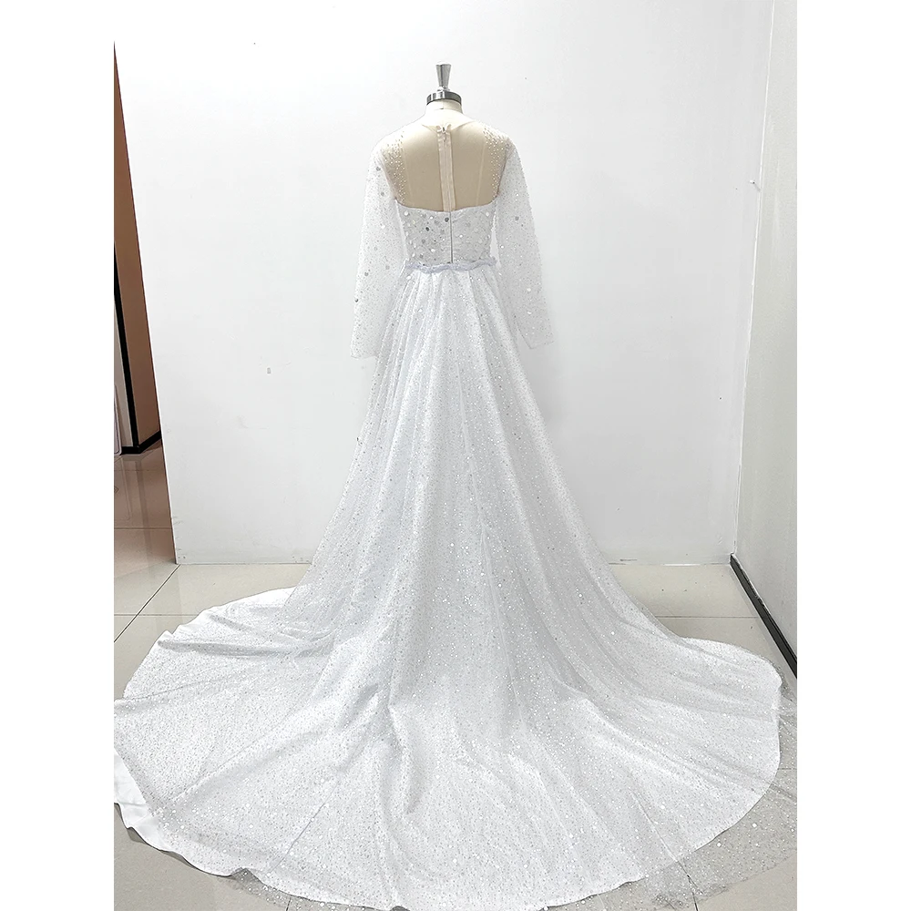 Exquisitos vestidos de novia blancos con lentejuelas, manga larga, cuello redondo, tren desmontable, vestido de novia, fiesta Formal, vestidos elegantes para mujer 2025