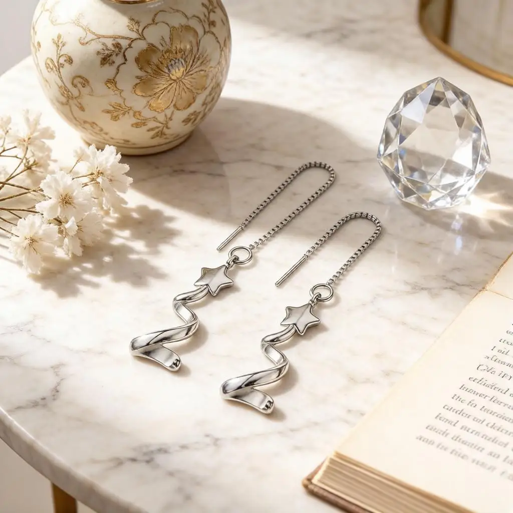 Charming 925 Sterling Silver Rotate Star Long Tassel Ear Wire Earrings for Women Girls Anniversary Party Jewelry Gifts Accessory