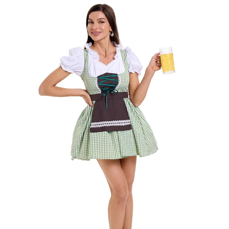 

Girls German Cosplay Traditional Oktoberfest Maid Costume Manor Farm Plaid Puff Sleeve Dress Adult Women Munich Party Costume