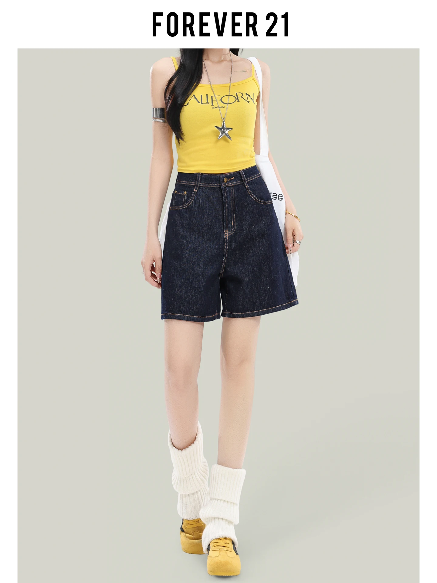 Jeans Cortos de Cintura Alta y Pierna Ancha, Corte Holgado, Cinco Bolsillos, Estilo Casual, Azul Denim, Forever 21, Estilo Retro Americano, Talla Pequeña para Mujer