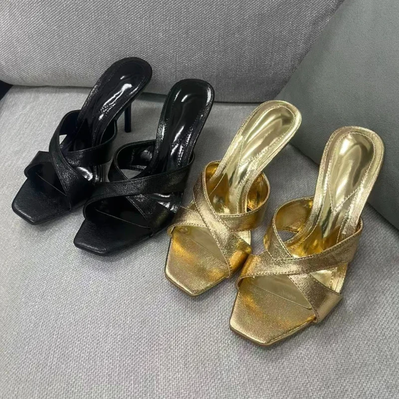

Novelty Cross Tied Gold Heeled Sandals Women Fashion Square-toe Design Stiletto Slide Sandals Sexy Open-toe Banquet Dress Shoes