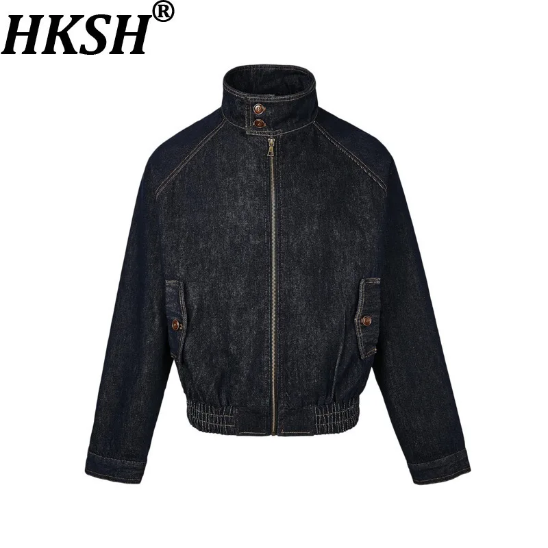 

HKSH Spring Autumn New Man American Style Solid Color Stand Collar Zipper Denim Jacket Trendy Punk Casual Retro Ins Coat HK13972