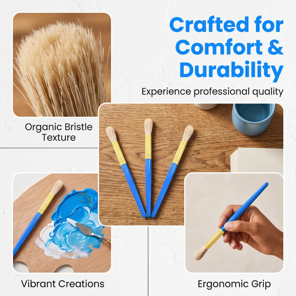 10Pcs Round Hog Bristle Paint Brushes, Natural Bristle Set for Oil Acrylic Painting, Art Supplies for Artists & Beginners