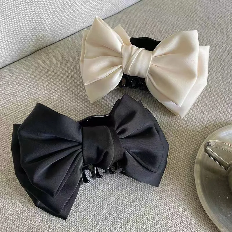 Elegant Women Bow Hair Claw Clips Double-sided Large Satin Shark Hair Claw Solid Bowknot Hairpins Barrettes Hair Accessories