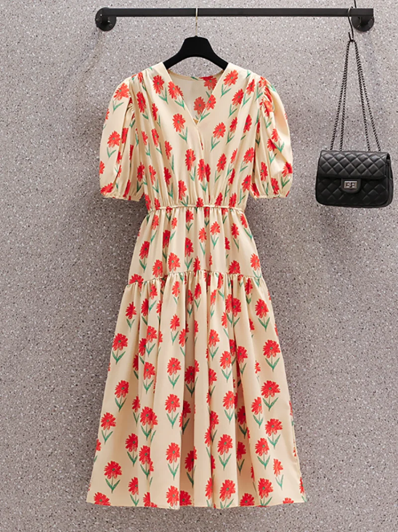 

Summer Boho Red Floral Chiffon V-Neck Long Dress Women Elegant Casual Festival Dress 2023 Korean Luxury Evening Dresses 2023