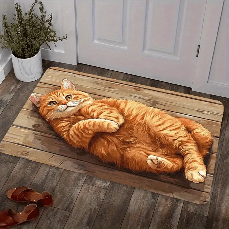 A Welcome Mat Featuring a Large Orange Cat Design Lies on a Wooden Board, Spring Bohemian Style, Suitable for Indoor Entrances.