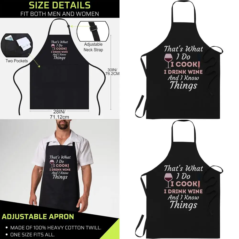 

Women's Wine Lover's Cooking Apron - 'I Cook, I Drink, I Know Things' in Black, One Size