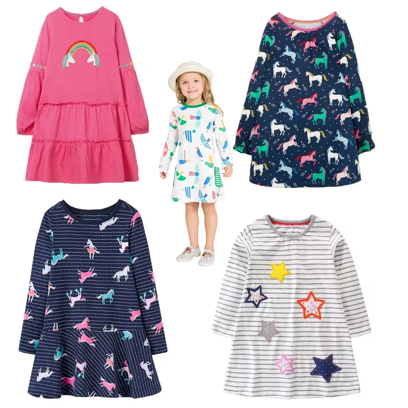 Jumping Meters Autumn Spring Girls Princess Dresses Animals Print Pockets Baby Long Sleeve Children\'s Clothes Kids Party Dress