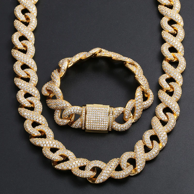 Hip Hop AAA Cubic Zirconia Paved Bling Iced Out Infinity Cuban Miami Link Chain Bracelet Necklaces Set for Men Rapper Jewelry