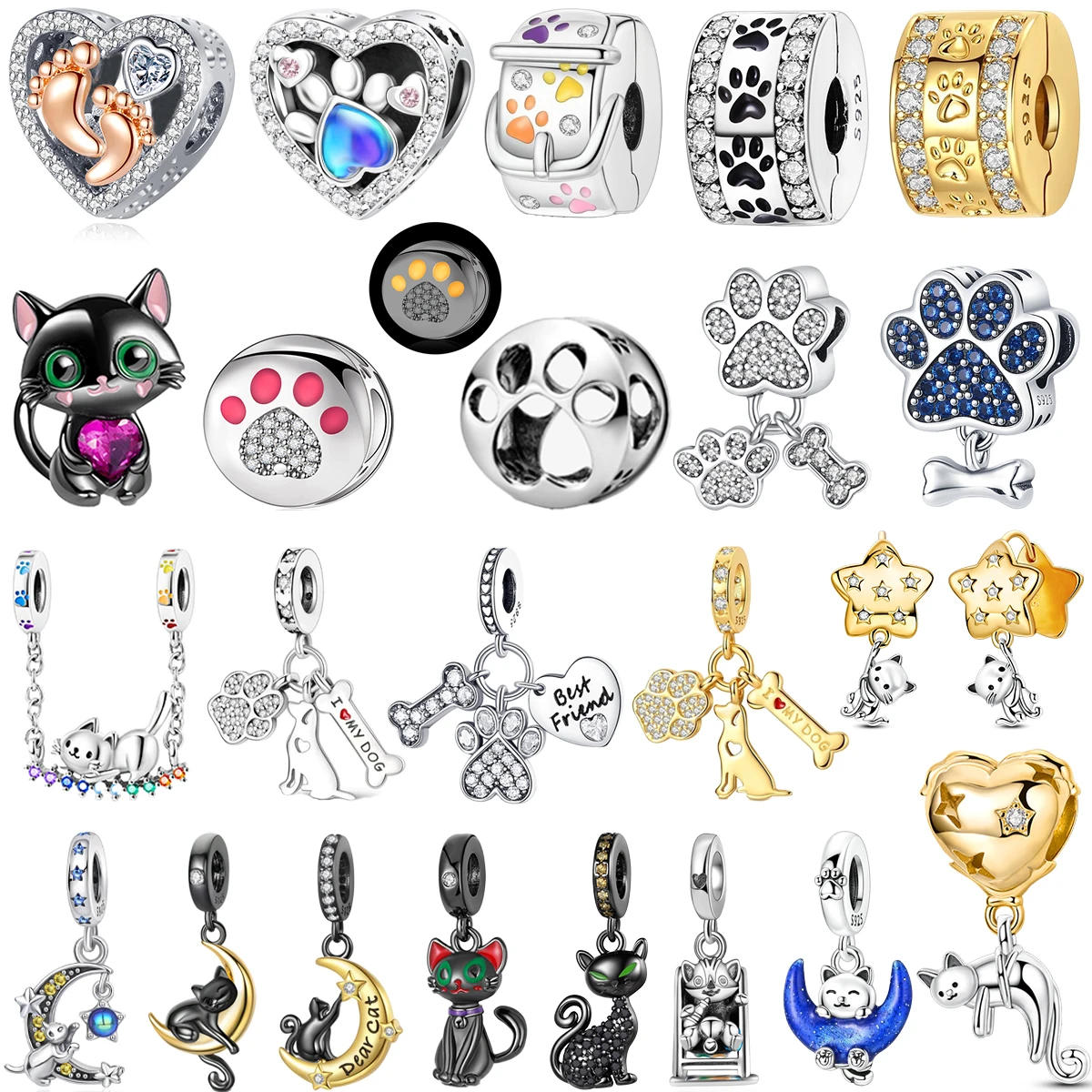 

Original 925 Sterling Silver Cute Black Cat Charms Moon Dog Cat Paws Beads Pendants Rings Fit Bracelet Necklace DIY Jewelry Gift