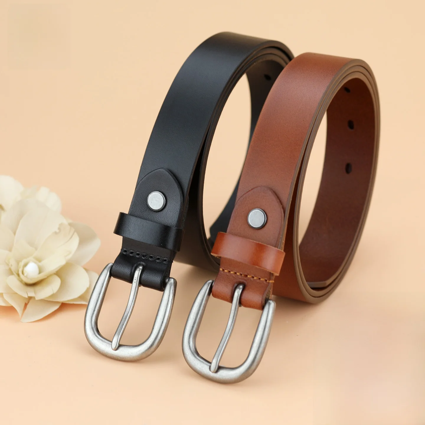 レディース本革トップレイヤー牛革ベルト-ブラウン-ブラック-バックル-ワイド-カジュアル-ジーンズベルト-シンプル-オールシーズン-レザーベルト
