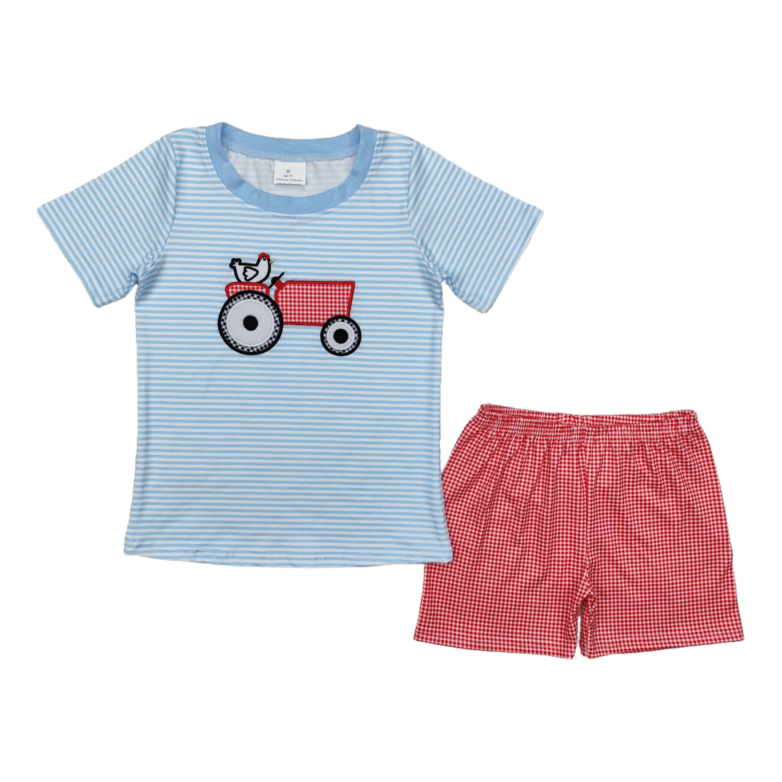 

Wholesale Kids Baby Boy Embroidery Blue Set Short Sleeves Tractor Stripes T-shirts Toddler Infant Checked Shorts Children Outfit