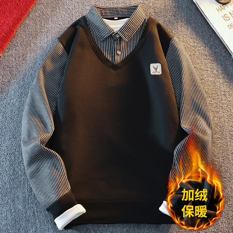 Fleece Interior Fake Two Piece Long Sleeve Knit Top Striped Lapel Collar V Neck Stitching Autumn Outdoor Commuting Wear