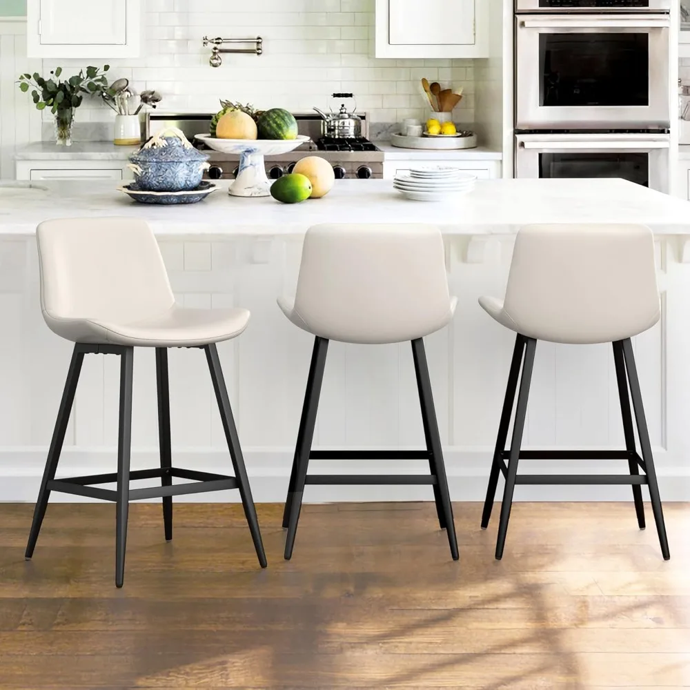 

24 inch Counter Stool, Modern Bucket Barstool Set of 3, Barstools with Back and Footrest, Faux Leather Bar Stools for Kitchen