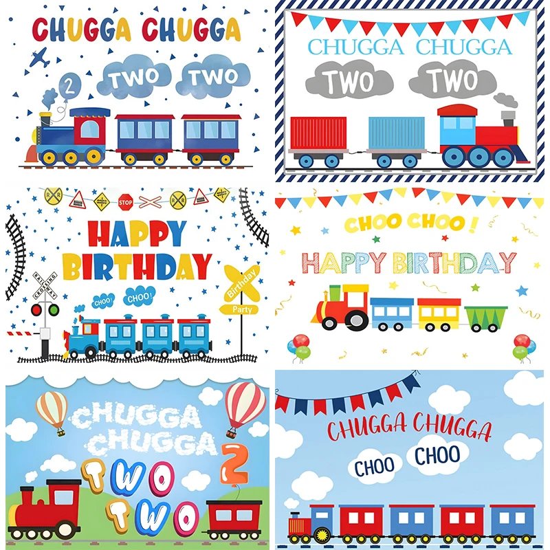 

Cartoon Choo Choo Train Backdrop Photography Chugga Chugga Two Two Party Decorations Banner 2 Years Background for Birthday Boy