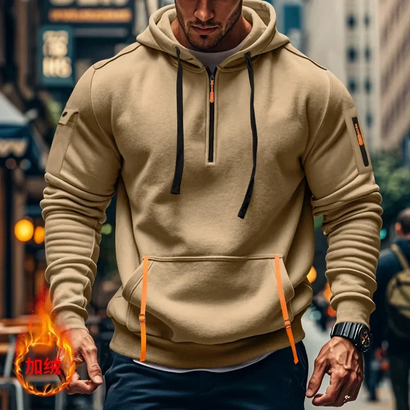

In 2025, new cross-border men's clothing: hoodies, sportswear, blank casual multi-zipper arm pocket pullovers, European-sized sp