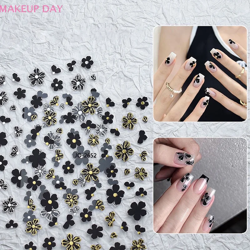 3D Black Petals Flowers Nail Art Sticker Gold White Silver Self Adhesive Florals Nail Decals Nail Decoration DIY Manicure Salon