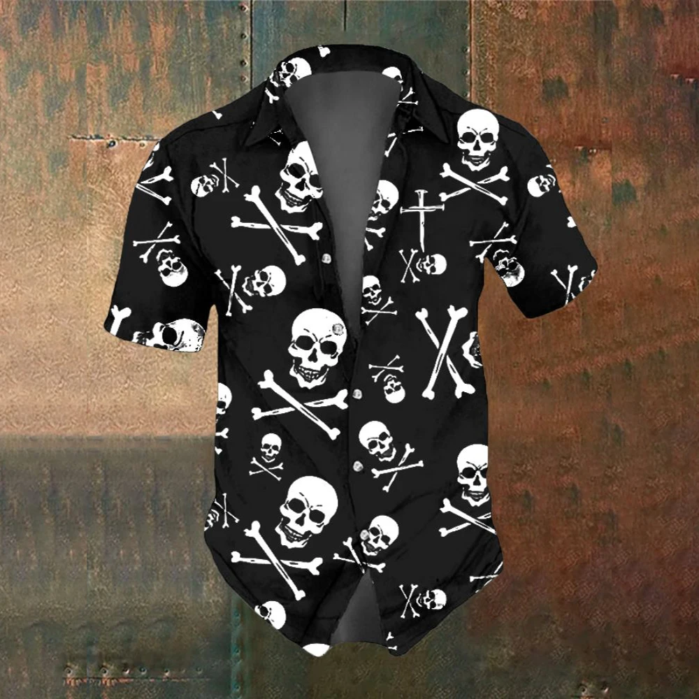 Summer Men\'s Fashion Horror Skull Cross Print Men\'s Short Sleeved Shirt Street Trend Party Men Oversized T-Shirt Top SIZE S-5XL