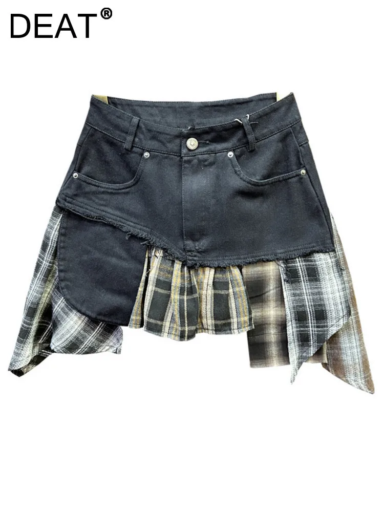 

DEAT Women's Denim Skirt Patchwork Irregular Design Plaid Printed A-line High Waist Mini Skirt Autumn 2024 New Fashion 29L8687