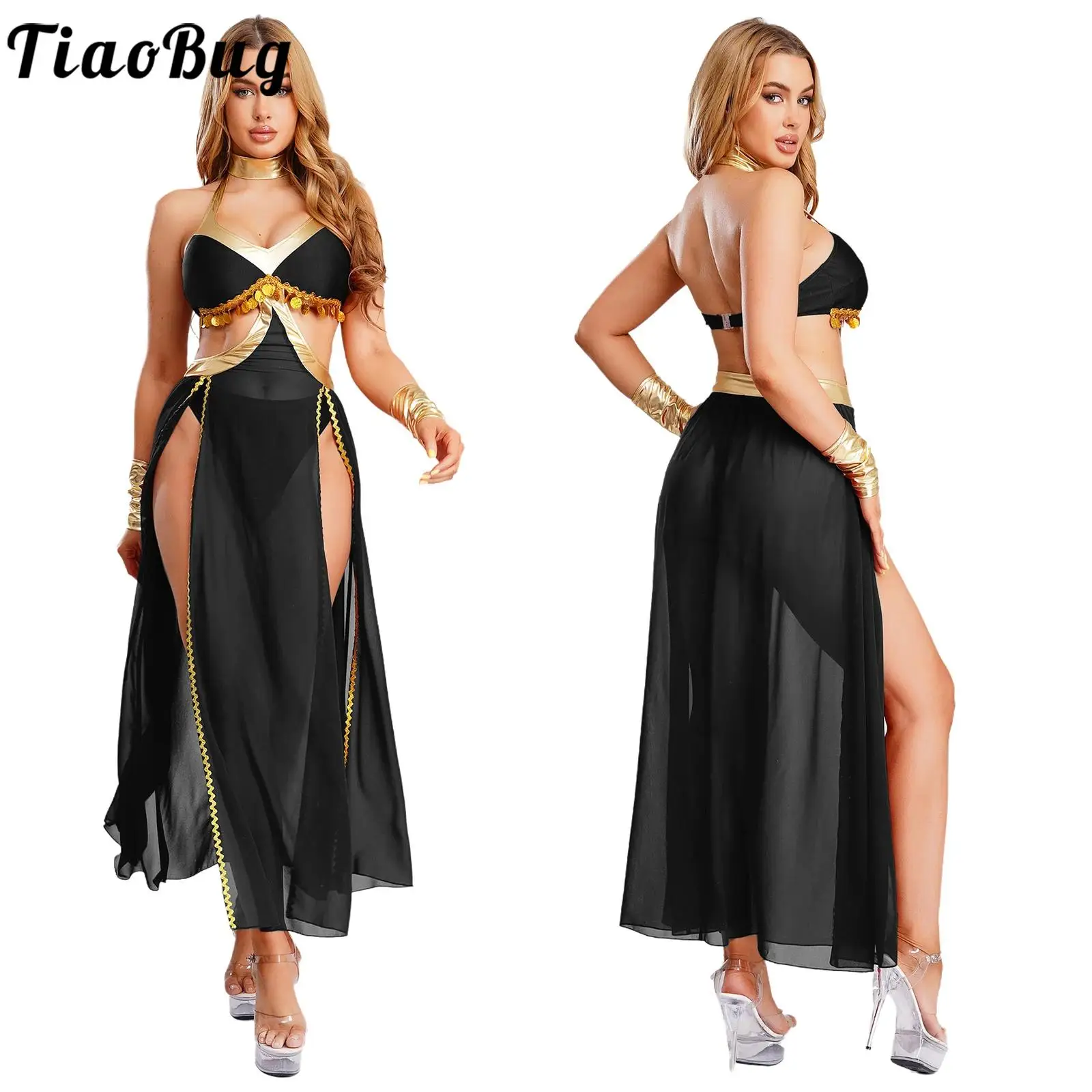 Traje de Danza del Vientre para Mujer, Vestido Halter con Lentejuelas y Borlas, con Braguitas, Vestidos Orientales Indios Árabes de Princesa