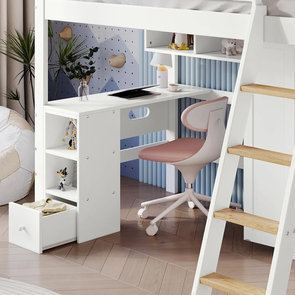 PINGGO Etagenbett für Kinder mit Fallschirmschutzgeländer, Schreibtisch, Kleiderschrank, Stauraum, 4-Stufen-Leiter, Kiefer, MDF, Sperrholz, Weiß, 90x200cm, ohne Matratze – Detail 19