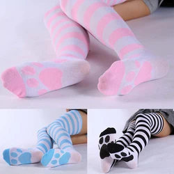 Cosplay High Long Knee Socks Pink Strip Kawaii Cat Paw Print Stockings Women Girl Student Kawaii Lolita Cotton Stocking