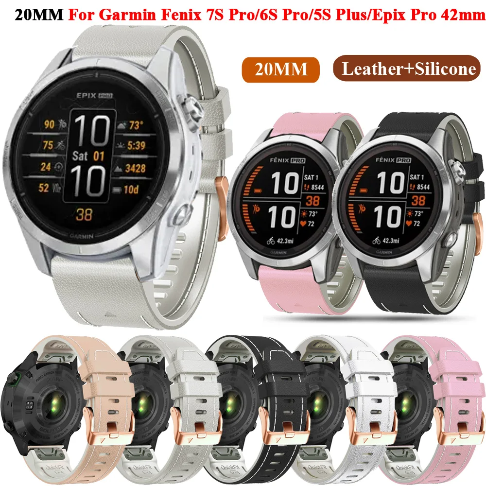 

Ремешок 20 мм для Garmin Fenix 7S 6S Pro 5S Plus Quickfit, браслет для часов Epix Pro Gen 2 42 мм, кожаный + силиконовый браслет для женщин