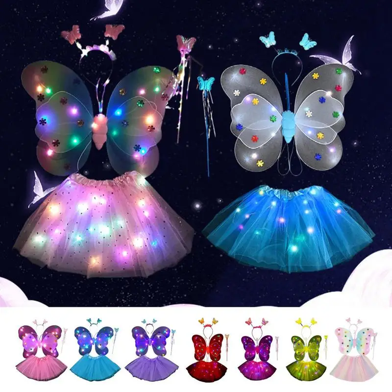 4Pcs Girls Butterfly Fairy Cosplay Costume Glowing Wings Tutu Skirt Wand Headband Fancy Dress Set for Girls 3-8 years gifts