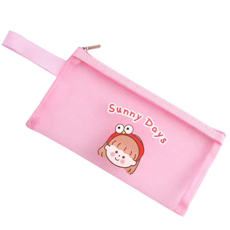 만화 메쉬 지퍼 휴대용 연필 가방, 학생용, 인스 소녀, 하트 보관 학습 튜토리얼 가방, 대용량 파일 가방