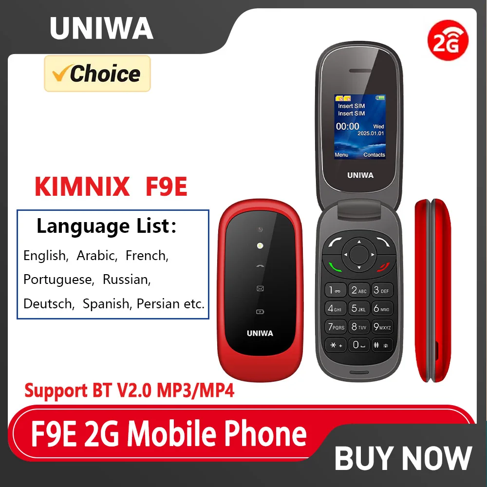 UNIWA F9E NEW 1.77” Classic Keypad 2G Flip Phone High Volume Feature Phone MP3/MP4 BT V2.0 Dual SIM Dual Standby 800mAh Battery