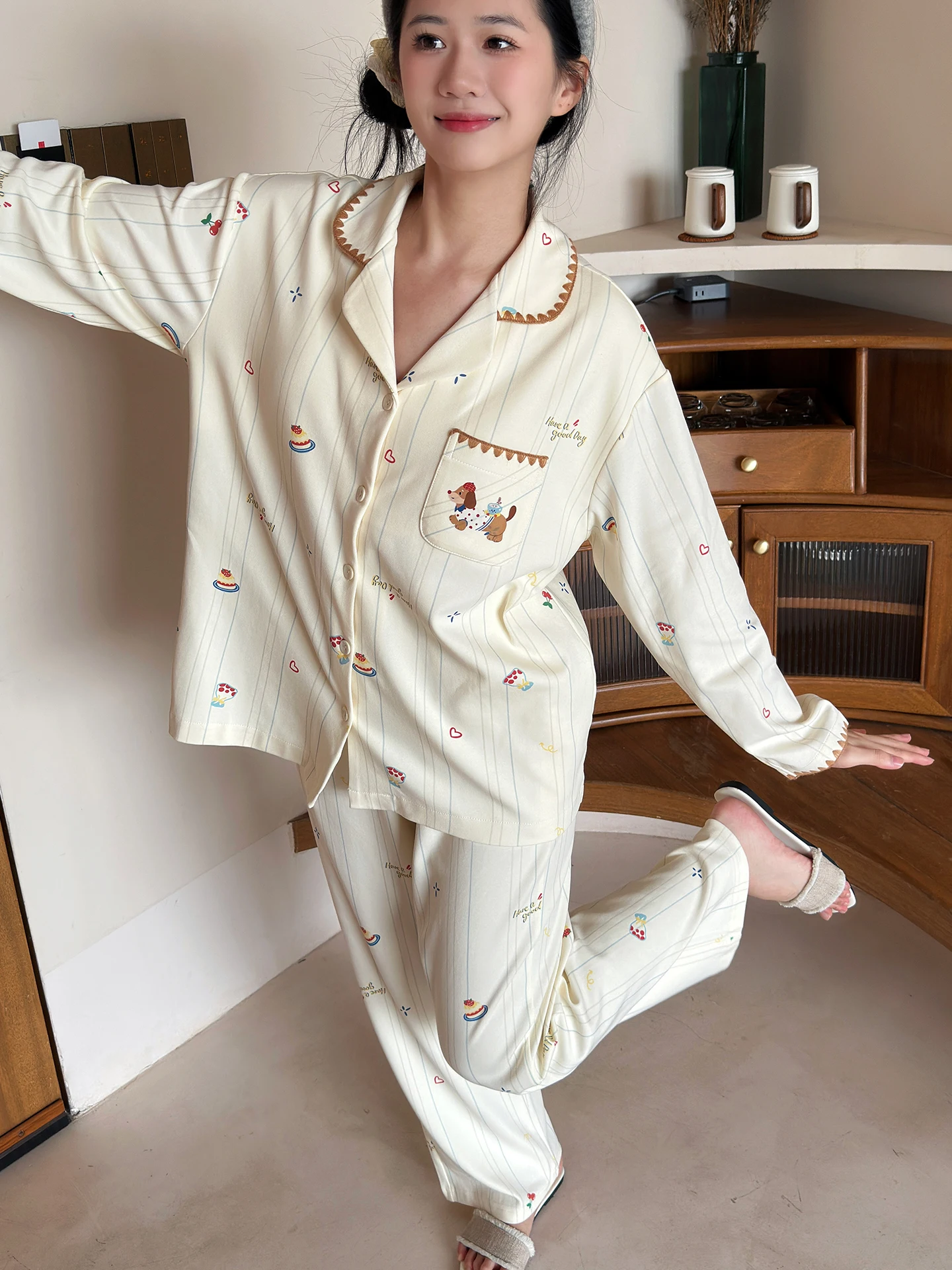 japanese-style-women's-long-sleeve-cotton-pajamas-set-sweet-stripes-cake-sausage-dog-print-home-wear-suitable-for-outdoor