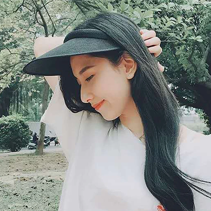 Large Brim Sun Hats for Women Breathable Linen Empty Top Hat Anti-UV Visor Cap Korean Girls Summer Hat Outdoor Travel Beach Caps