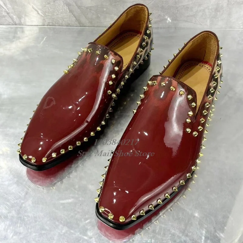 Gentleman Oxford Shoes Round Toe V Cut Shaped Slip On Classic Formal Rivet Shoes Red Leopard Print Color Block Leather Shoes