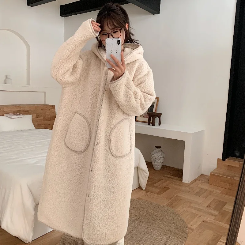 

Hooded Robe Pajamas Nightdress Lamb Fleece Autumn Winter Women's Homewear Long Style Over The Knee Thicken Outerwear Sleepcoat