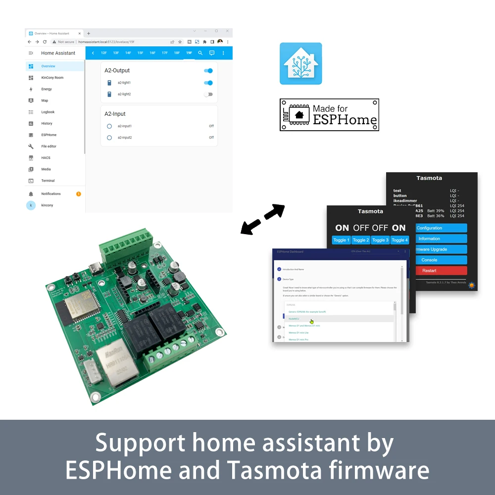 A2 ESP32 Relay Switch Board Support 4G/2G GPRS ESPHome Home Assistant Tasmota Arduino RS485 I2C Tuya Ethernet WiFi Temperature