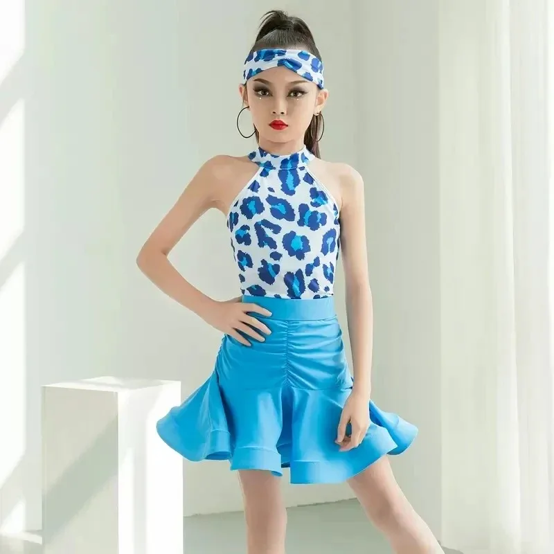 

Children's Blue Leopard Print Latin Dance Costumes, Sexy Patchwork, Cha Cha Tango, Classic Style