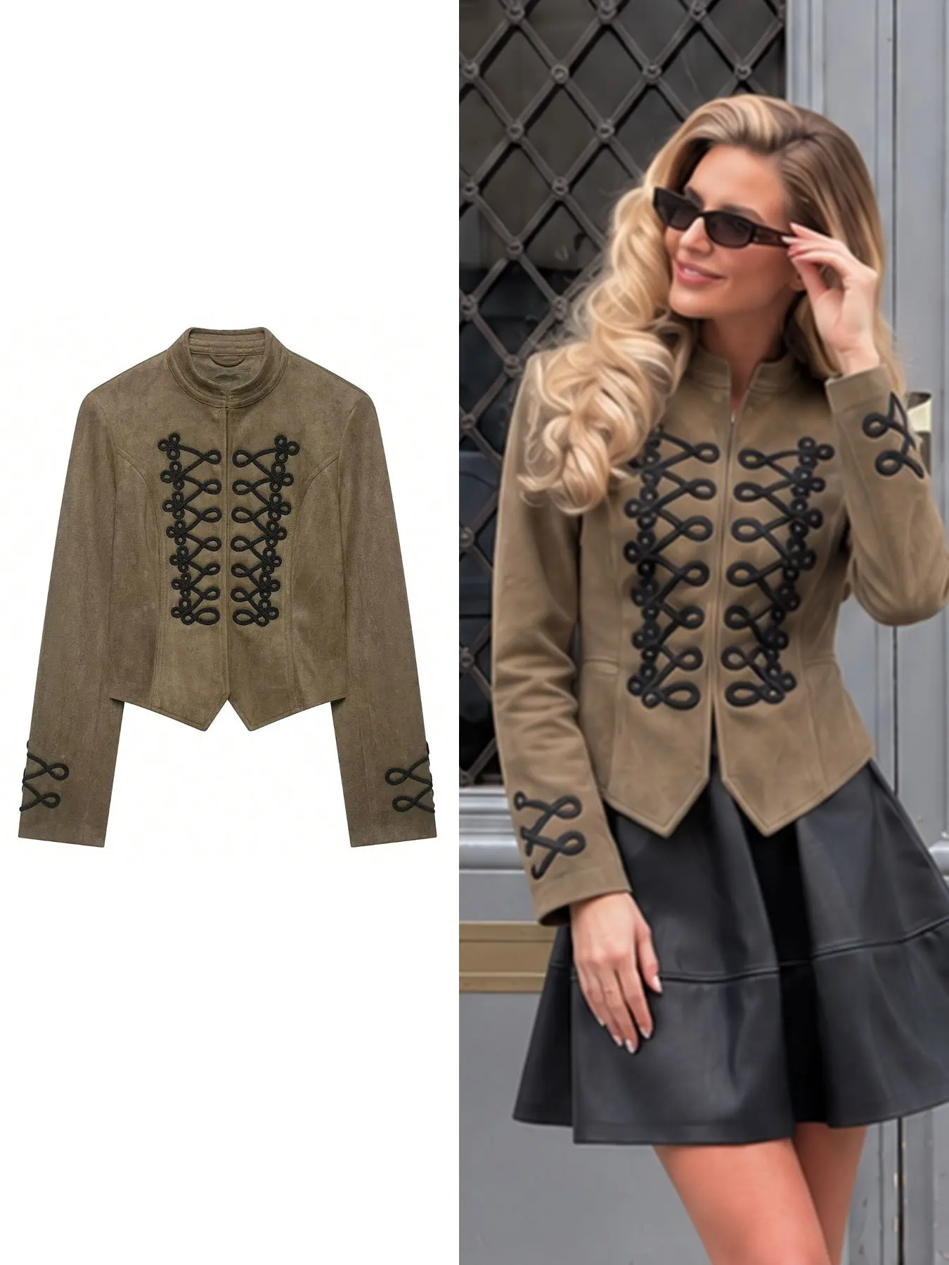 HH Chic Ladies Cropped Faux Suede Jacket Vintage Party Stand Neck Long Sleeve Outerwear Casual Autumn Decorative Knot Coat