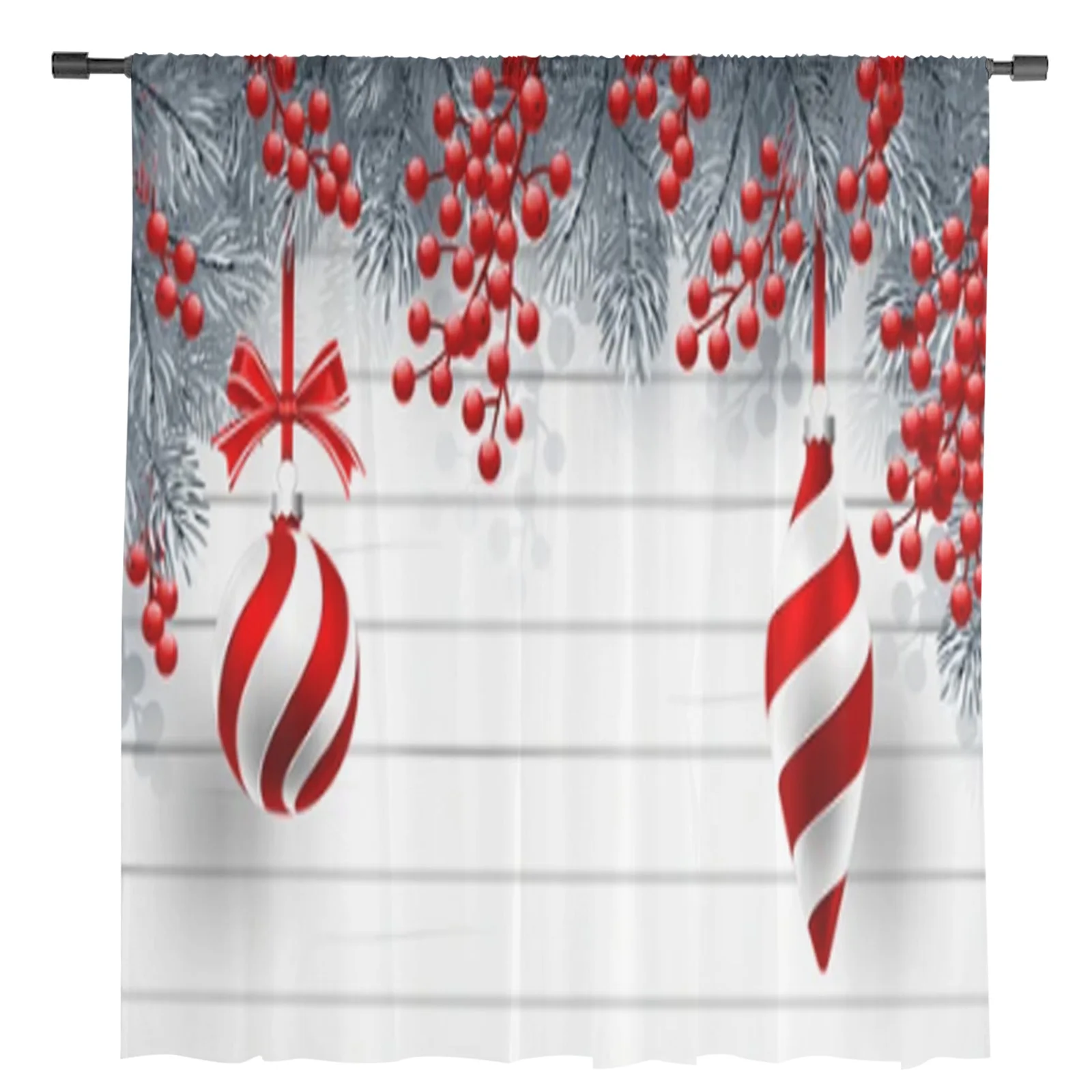 Fir Branches And Red Balls Tulle Curtain For Living Room Bedroom Kitchen Decoration Window Voiles Tulle Curtain