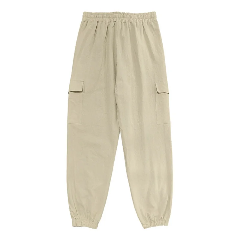 Men's Loose Cargo Pants with Pockets Soft Casual Solid Cuffed Drawstring Pants