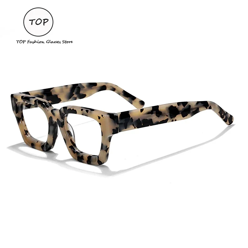 Personality Men Myopia Square Acetate Optical Glasses Fashion Leopard Print Ladies Pure Hand-made Small Frame Can Be Carved