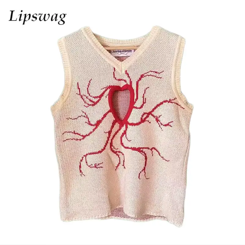 Sexy Heart Hollow Out Knit Tank Tops Mens Vintage Y2K Style Vest Shirt Men Spring Trendy Sleeveless V Neck Knitting Camisoles