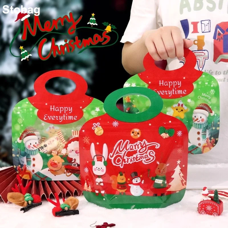 

StoBag 50pcs Merry Christmas Candy Snack Packaging Ziplock Bags with Handle Kids Cute Child Sealed Food Cookies Storage Pouch