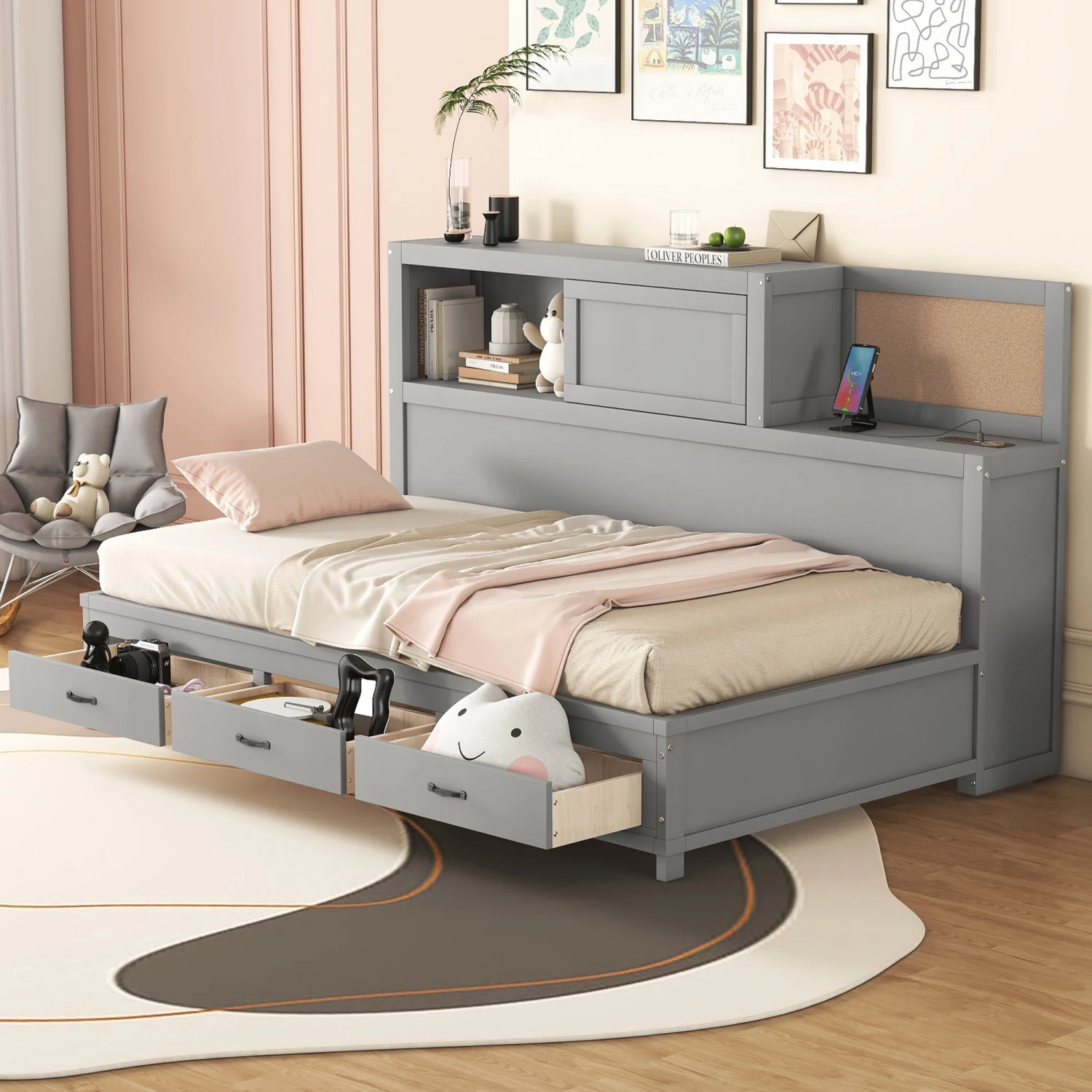 Twin Size Wooden Daybed with Storage Drawers, Soft Board, Shelf, USB Ports - Gray