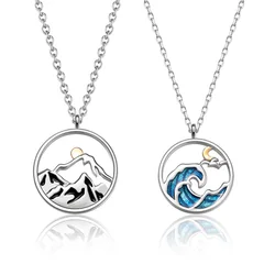 Couple BFF Necklaces Matching Set for 2, Mountain and Sea, Sun and Moon Pendant, Gift for Couples Best Friend Friendship Jewelry