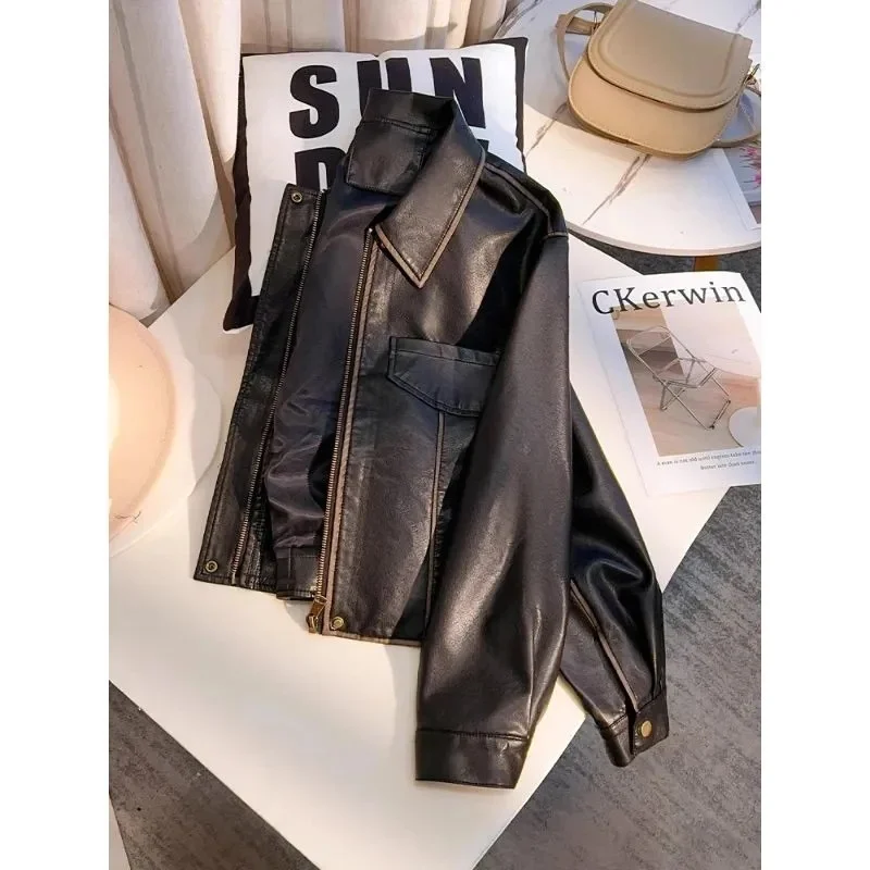 السيدات اللون حجب البيسبول سترة قصيرة الخريف الإناث الترفيه بولي معطف معطف جلد ريترو المرأة موضة فضفاضة فو الجلود أبلى