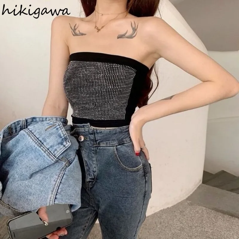 Vintage Y2k Top Streetwear Heavy Diamond Sexy Tanks Women's Clothing Slim Fit Summer Camis Fashion Backless Harajuku Crop Vest